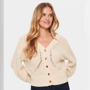 SAINT TROPEZ Wool Blend Cream Knit Boho Workwear Cardigan Size M